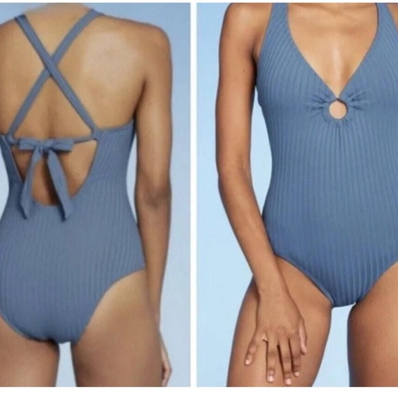 Kona Sol Blue Ribbed One Piece Swimsuit with Criss-Cross Straps - Picture 1 of 6